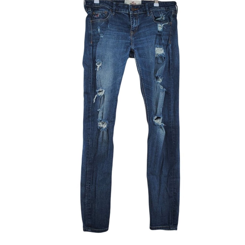Hollister Jeans Women's Tapered Leg Destroyed Embroidered Denim 5-pocket Blue 9